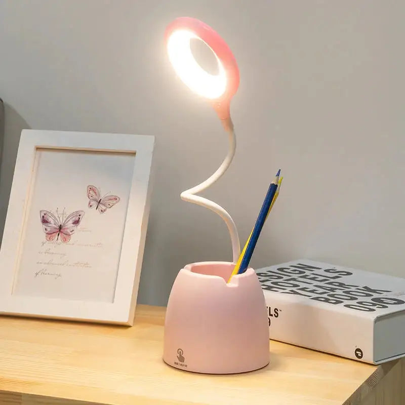 Aesthetic bendable desk lamp with three light modes and stationery holder - pink