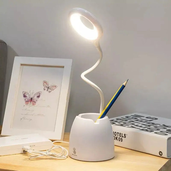 Aesthetic bendable desk lamp with three light modes and stationery holder - white