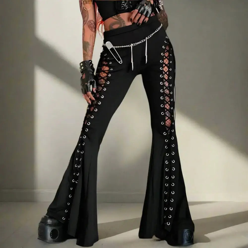 Black bandage punk hollow out flare pants