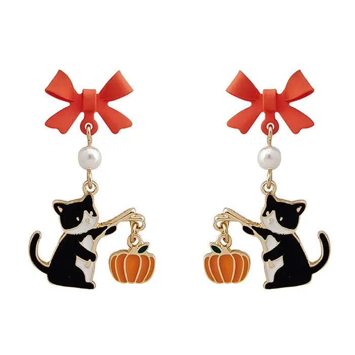 Black cat & pumpkin earrings - standart / orange - earrings