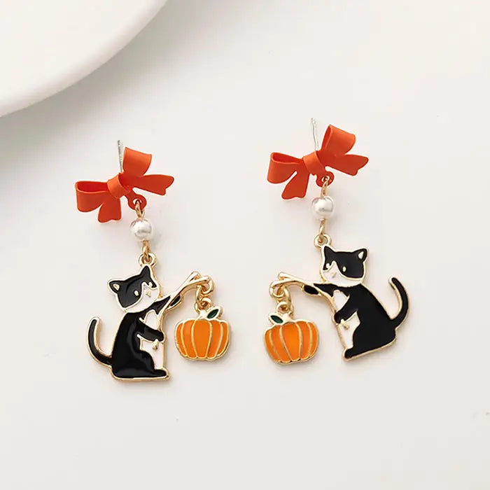 Black cat & pumpkin earrings - standart / orange - earrings