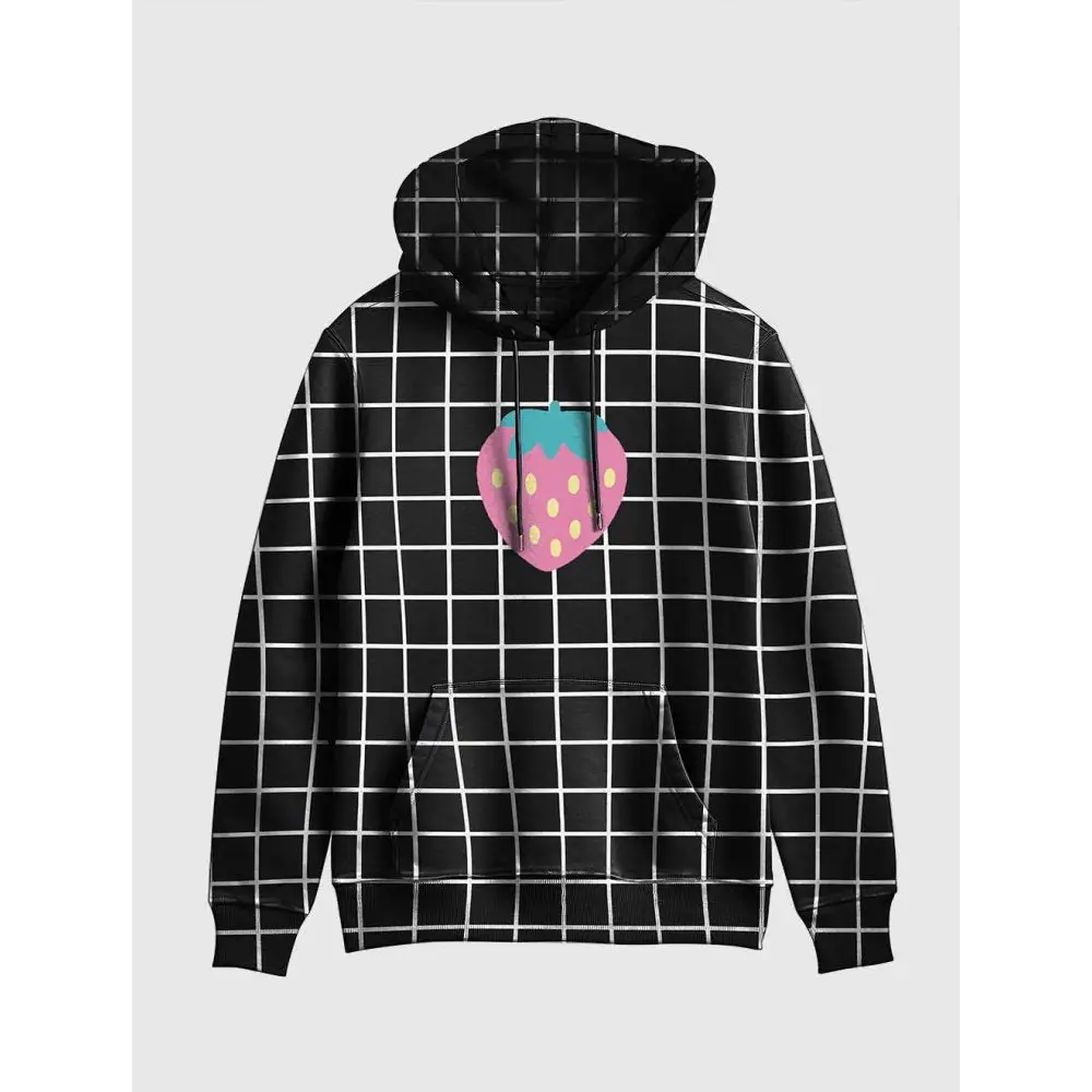 Black grid strawberry kawaii hoodie - s / all over print for men (h13)