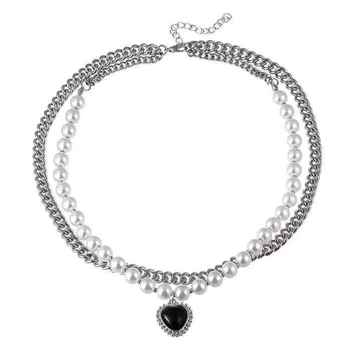 Black heart pearl necklace - standart / silver