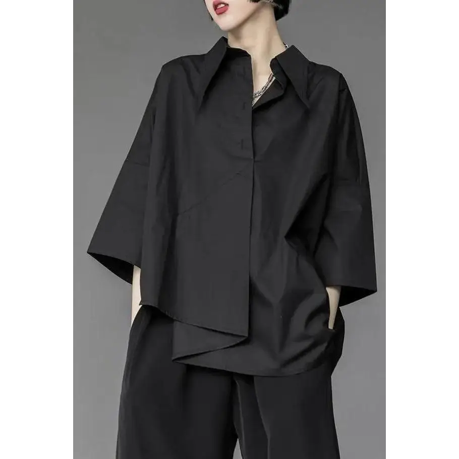 Black shirt with asymmetrical design and mid-length sleeves - s