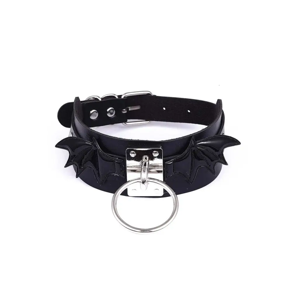 Black leather bat wings choker necklace - one size