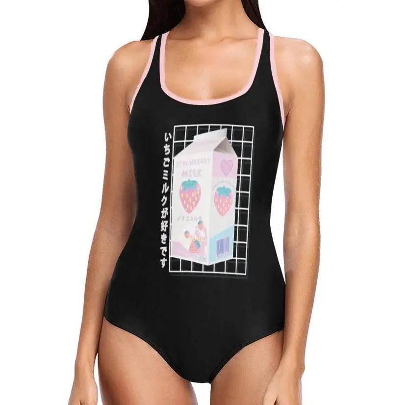 Black strawberry milk one piece swimsuit - vest