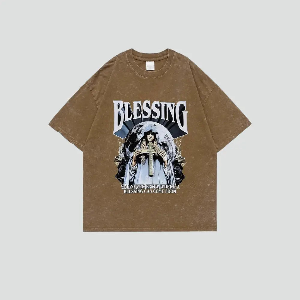 Y2k digital print crew-neck tee in 100% cotton - brown / s