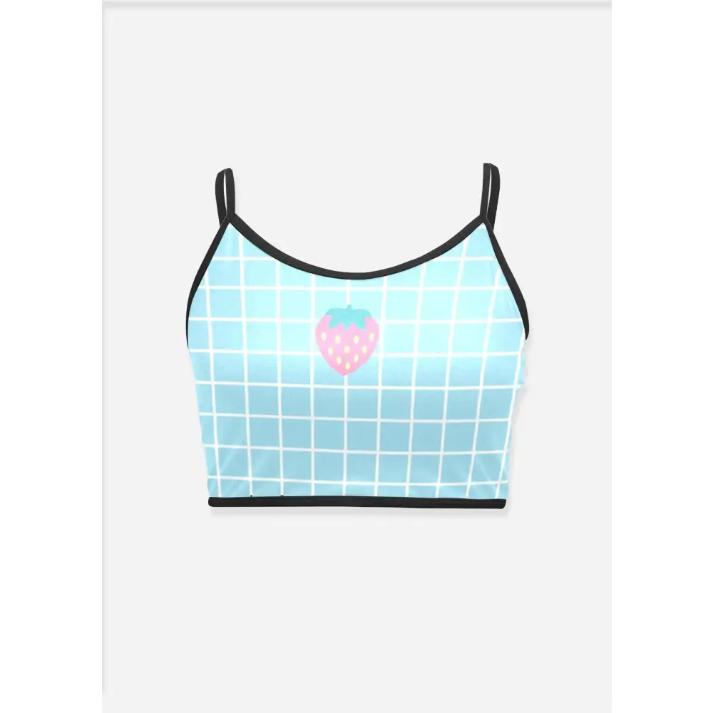 Blue grid strawberry cami top - s - women’s spaghetti strap crop