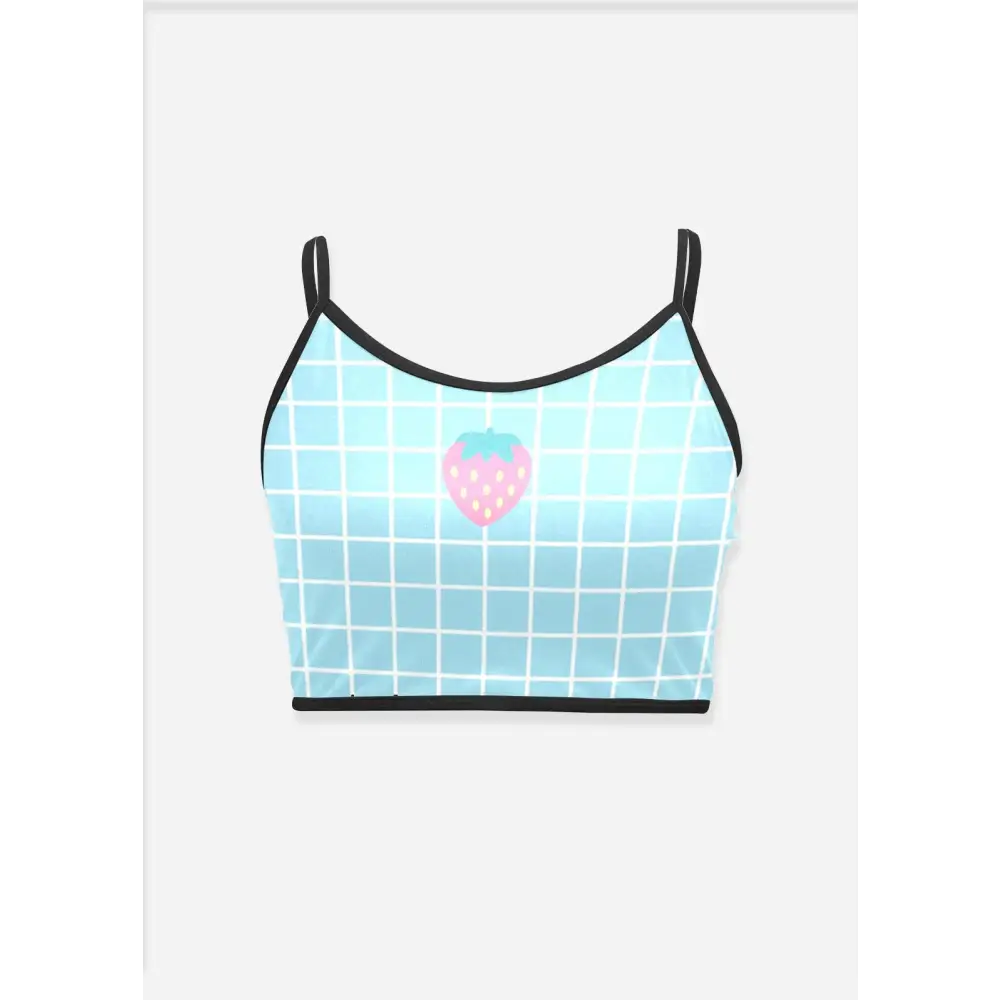 Blue grid strawberry cami top - women’s spaghetti strap crop