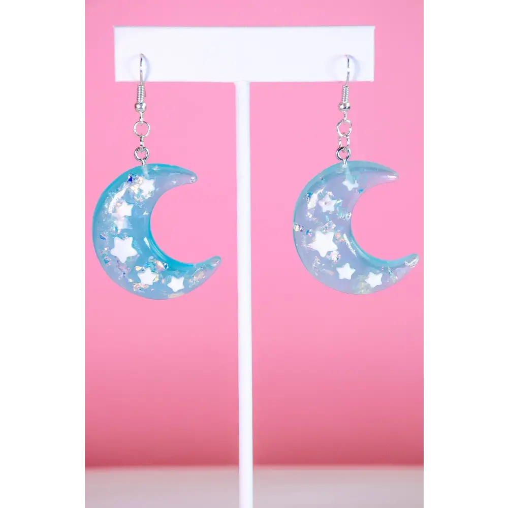 Blue iridescent moon earrings - one size