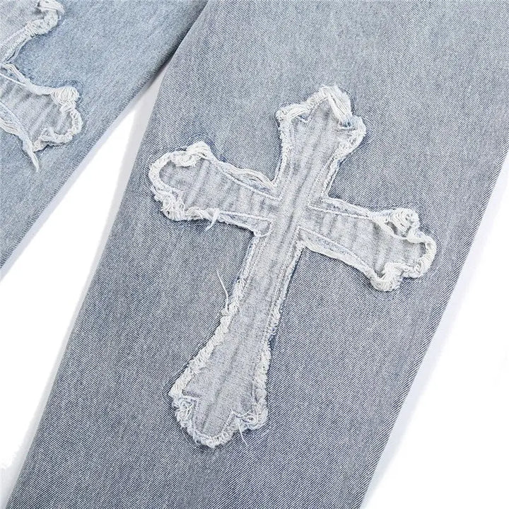 Jean bleu croix y2k - streetwear audacieux et unique