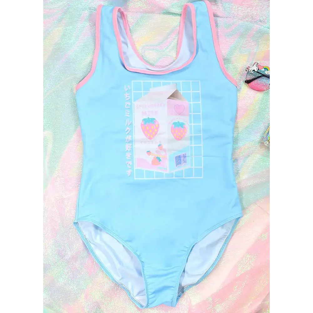 Blue strawberry milk graphic print one piece swimsuit - vest