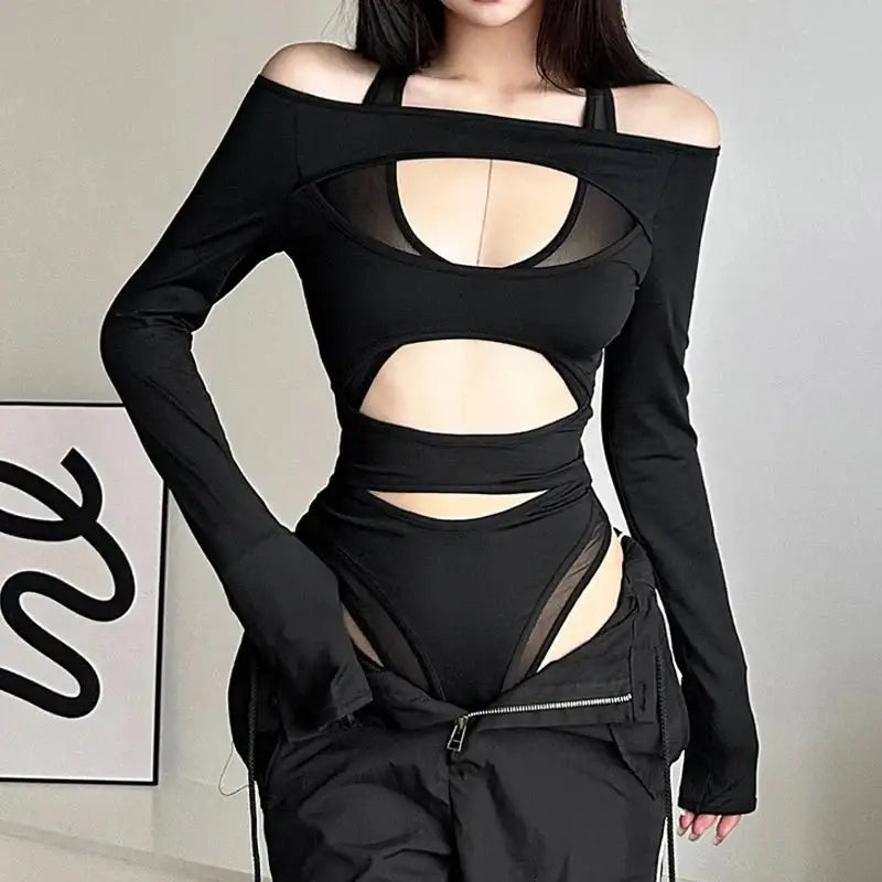 Y2k women’s slim fit mesh bodysuit for autumn winter fashion