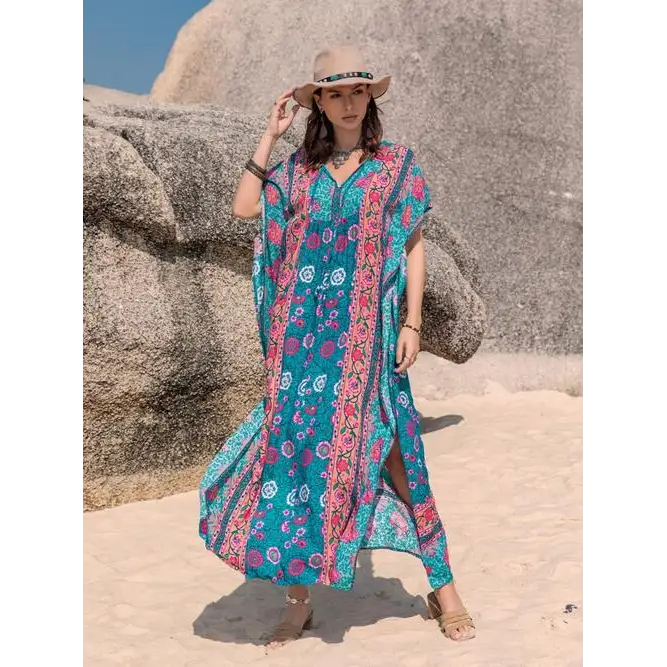 Boho printed tie neck short sleeve hippie dress