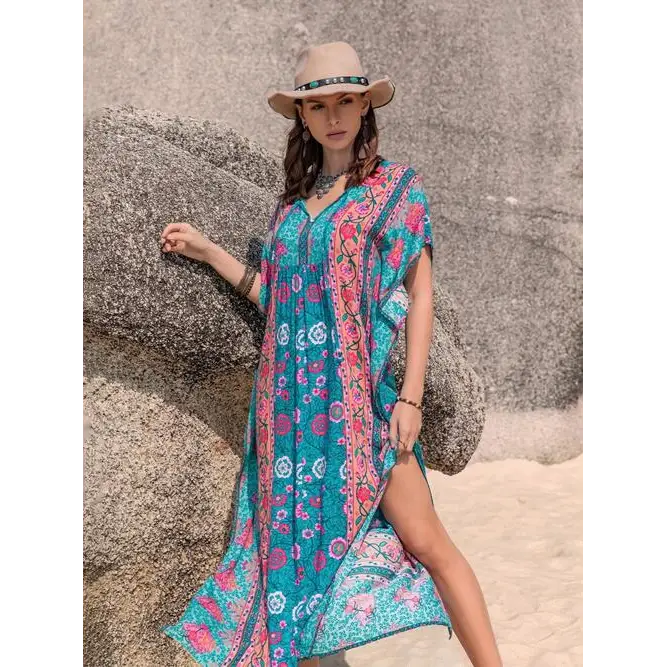 Boho printed tie neck short sleeve hippie dress - turquoise / s