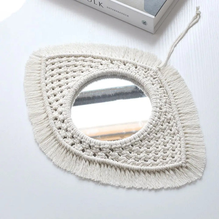 Boho style decorative macrame wall mirror for aesthetic bedrooms - c