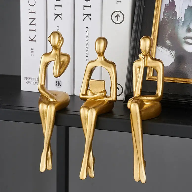 Book reading statues for aesthetic room decor in gold white and black