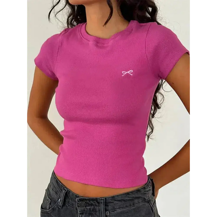 Pastel pink basic tee with bow embroidery for soft girl aesthetic - fuchsia / s