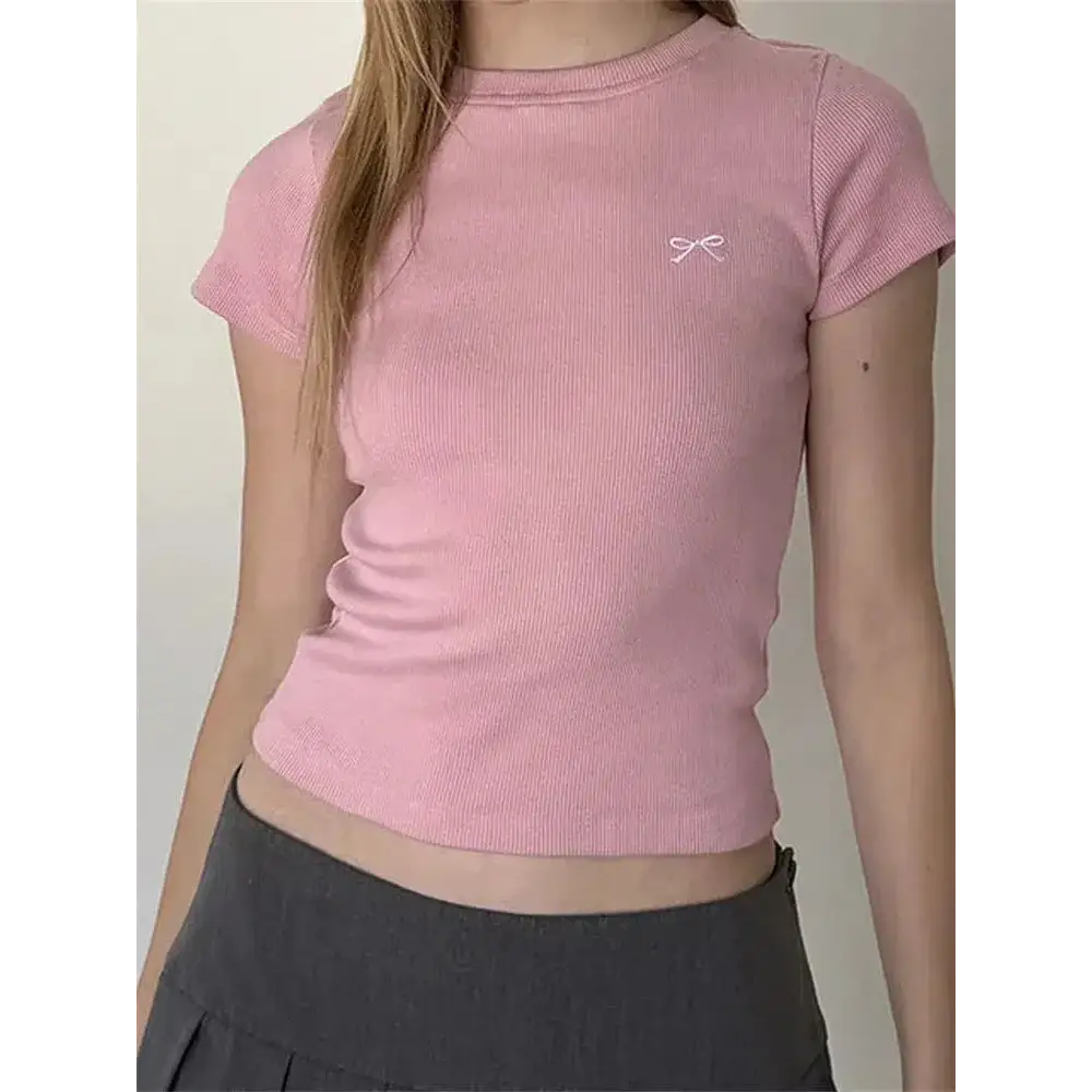 Pastel pink basic tee with bow embroidery for soft girl aesthetic - s