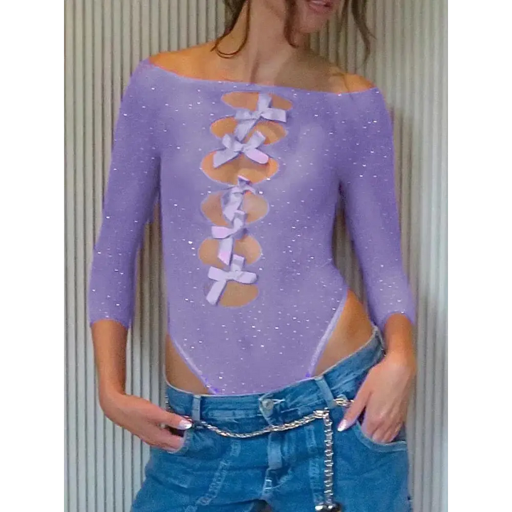 Bow cut out rhinestone bodysuit with scoop neckline - purple / one size