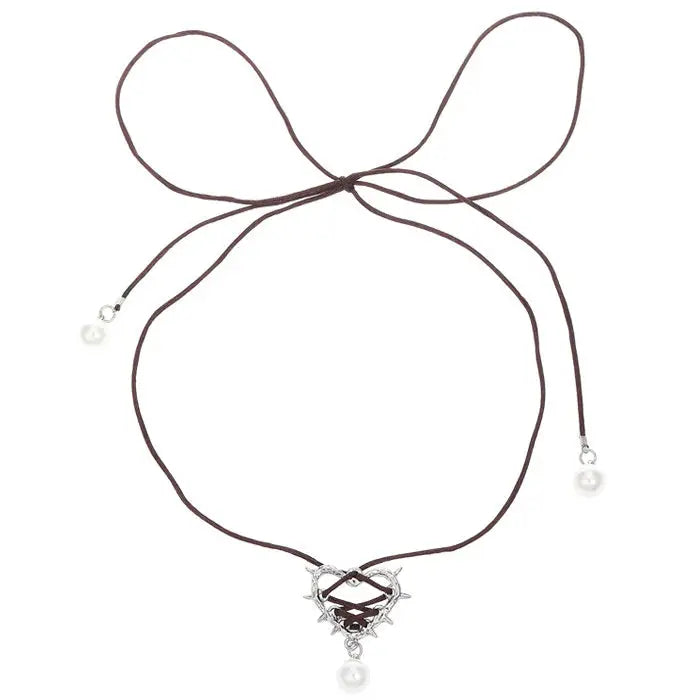 Bow lace up heart necklace - standart / brown