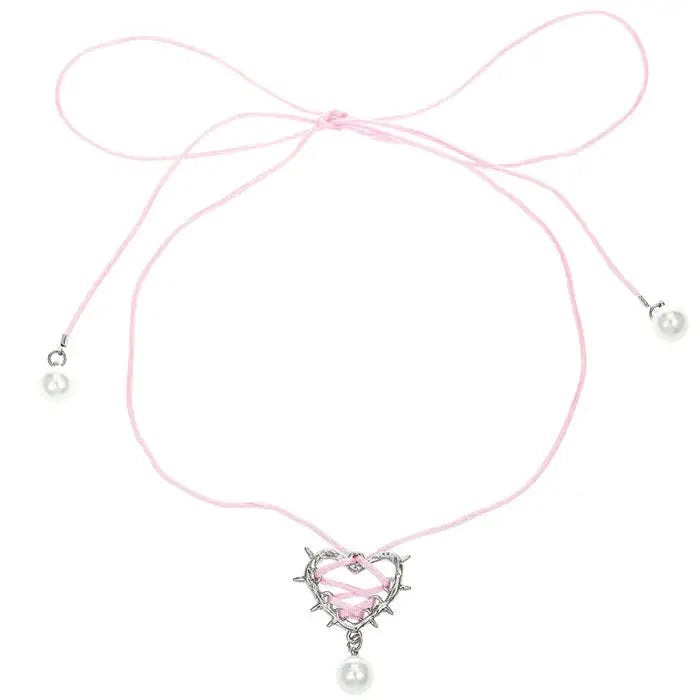 Bow lace up heart necklace - standart / pink