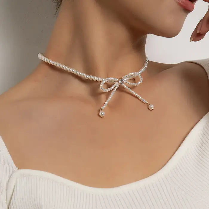 Bow pearl choker - standart / white - necklace