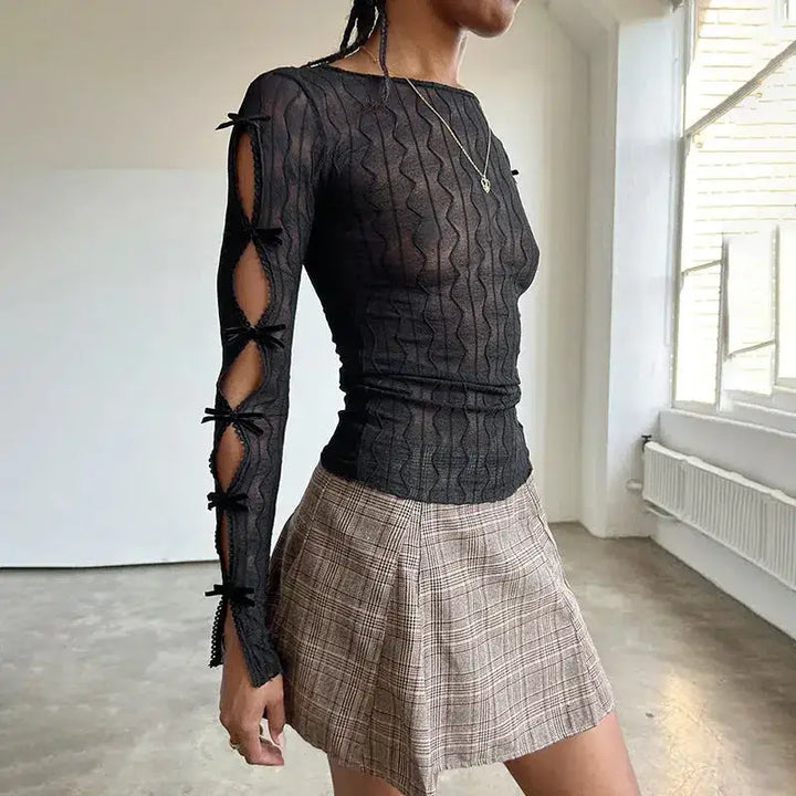 Bow sleeve sheer top with zigzag pattern and chic details - black / s