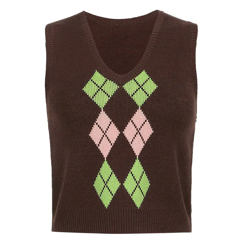 Aesthetic brown argyle vest with sleeveless design and v neckline - free size