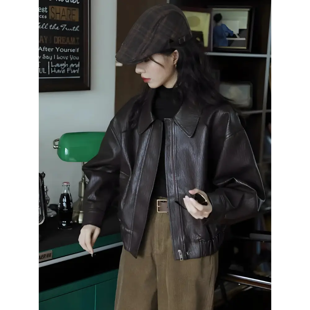 Brown faux leather jacket with oversized fit for y2k style