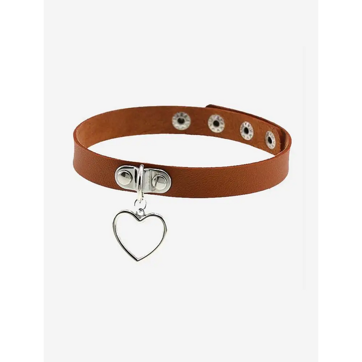 Brown kawaii style heart pendant choker necklace in alloy and pu leather - one size / accessories