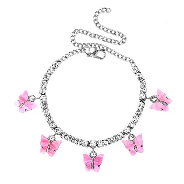 Y2k butterfly anklet with rhinestones and charms 29 cm - adjustable / pink - bracelet