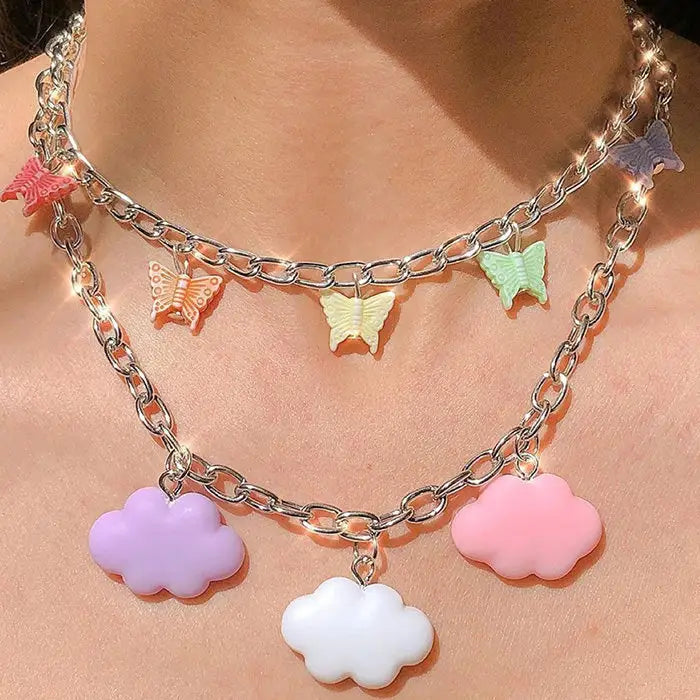 Butterfly & clouds pastel necklace