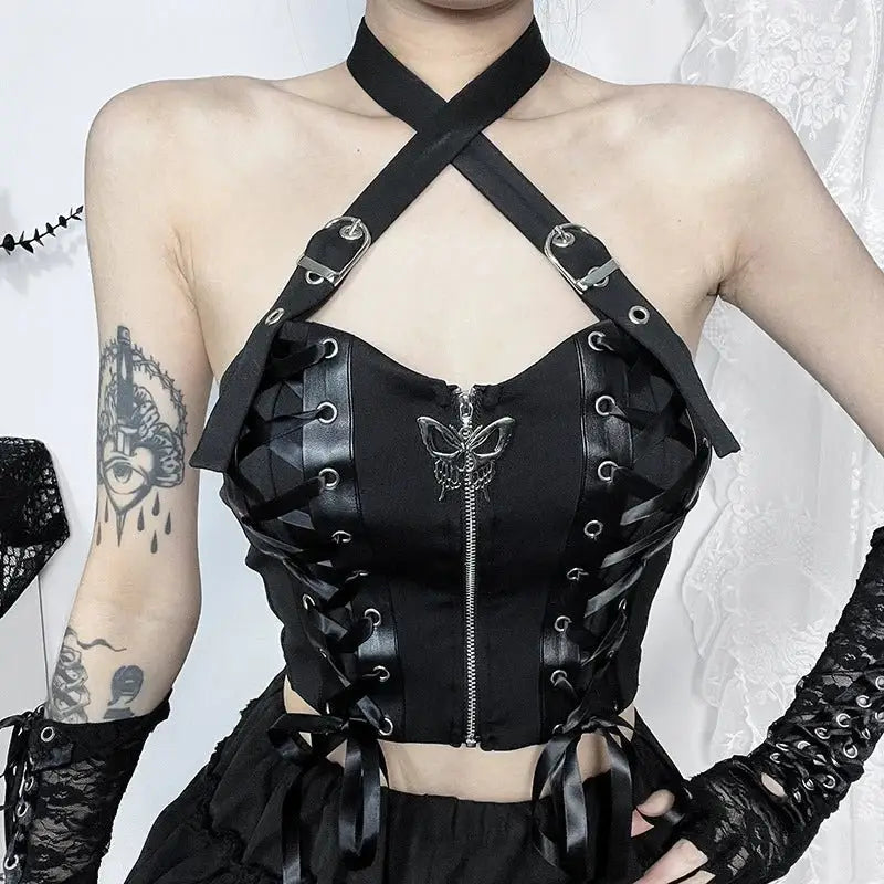 Butterfly cross halter top - women goth aesthetic