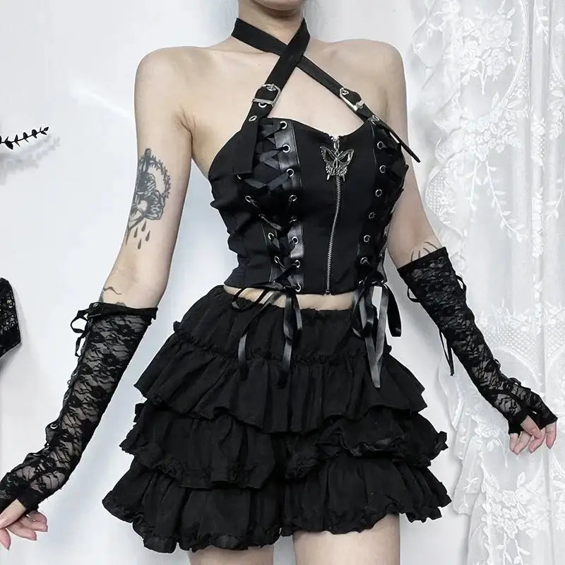 Butterfly cross halter top - women goth aesthetic