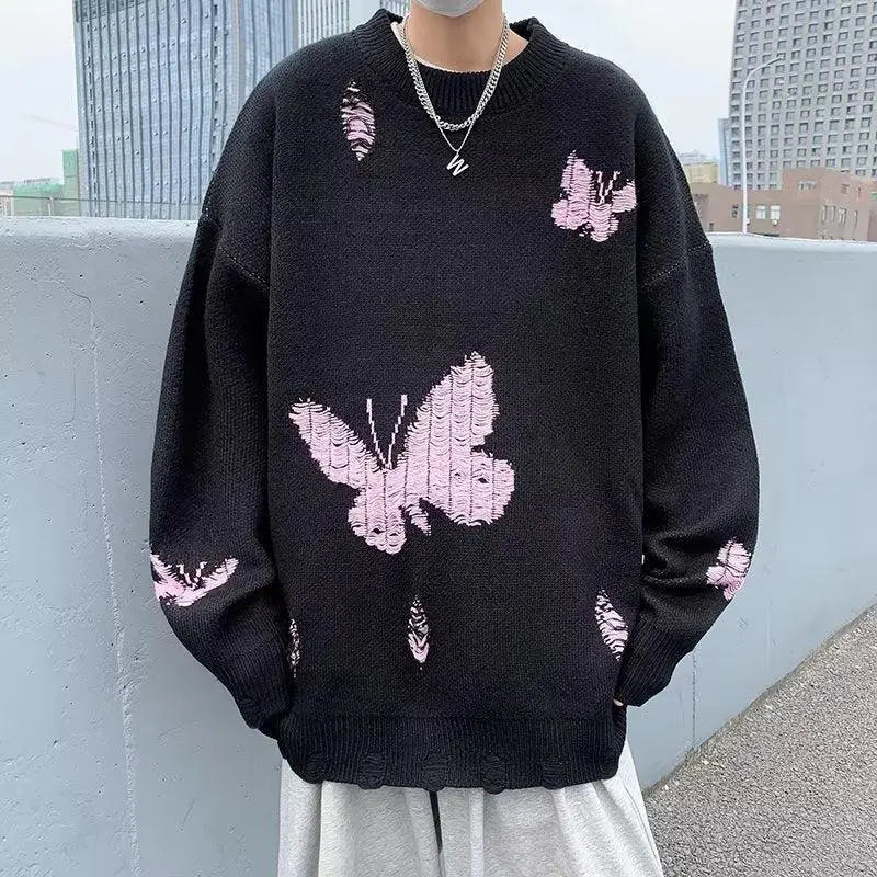 Y2k butterfly knitted sweater with distressed details - black / m