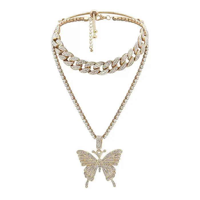 Butterfly rhinestone layered necklace - standart / gold