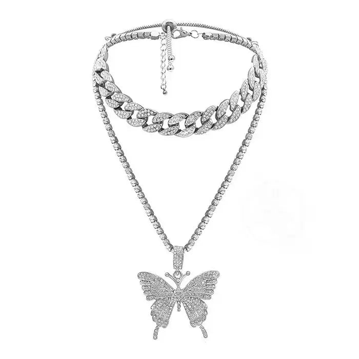 Butterfly rhinestone layered necklace - standart / silver