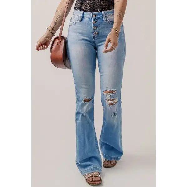 Button-fly distressed flare hippie jeans