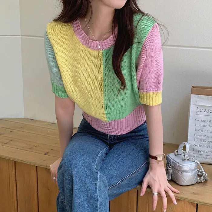 Candy fairy pastel knit top with ribbed construction - free size / tops