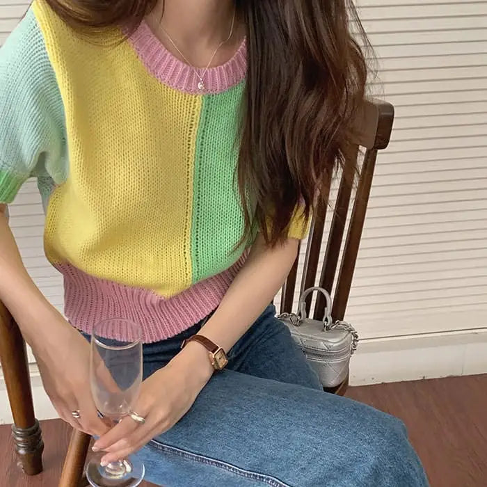 Candy fairy pastel knit top with ribbed construction - free size / tops