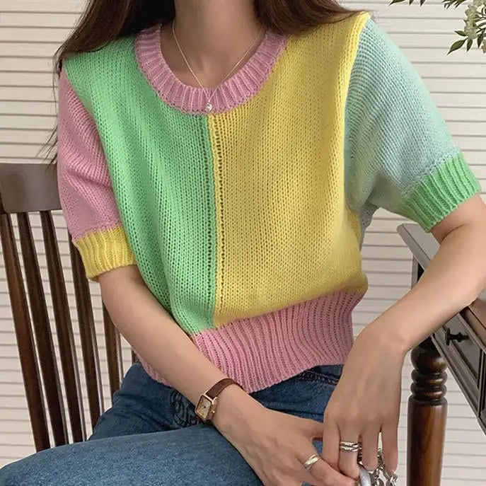 Candy fairy pastel knit top with ribbed construction - free size / tops