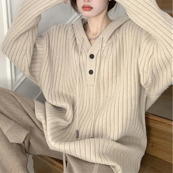 Beige knit hoodie with button-up closure for y2k style - hoodies