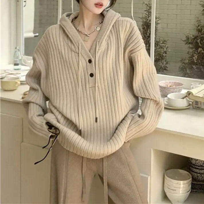 Beige knit hoodie with button-up closure for y2k style - hoodies