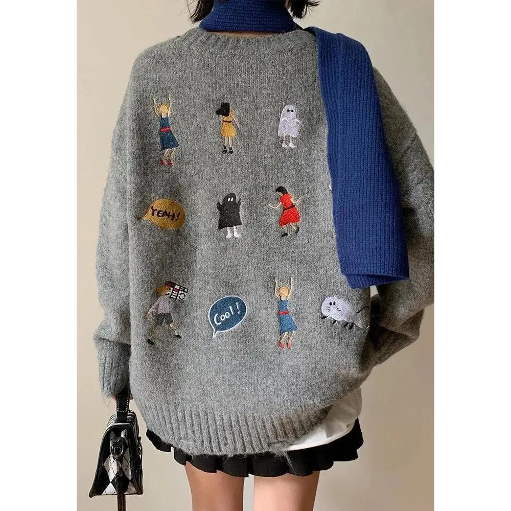 Cartoon embroidered knitted sweater with ripped details - gray / one size