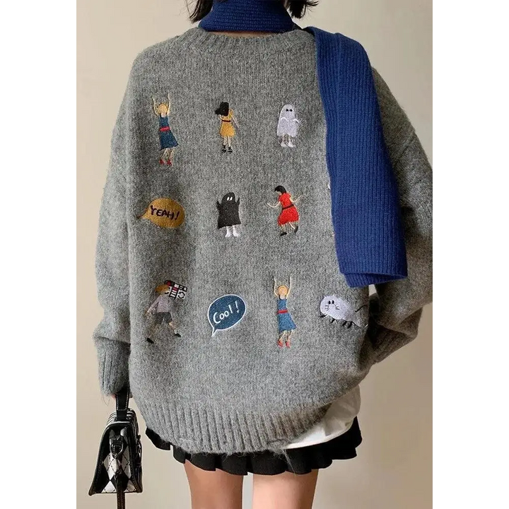 Cartoon embroidered knitted sweater with ripped details - gray / one size