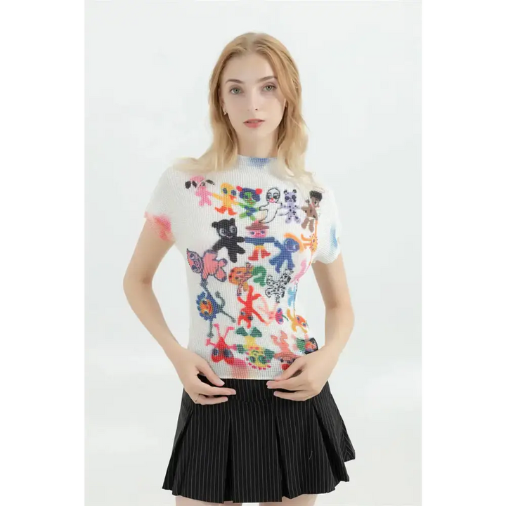 Cartoon figures printed top for playful and quirky style - white / one size