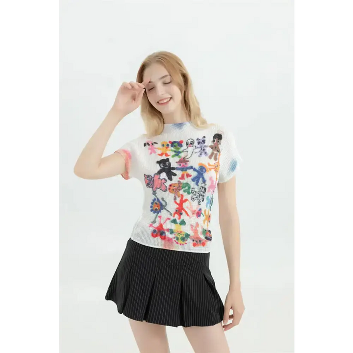 Cartoon figures printed top for playful and quirky style - white / one size