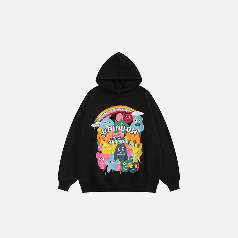 Cartoon graphic rainbow loose hoodie y2k - black / s - hoodies