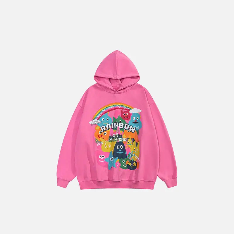 Cartoon graphic rainbow loose hoodie y2k - pink / s - hoodies